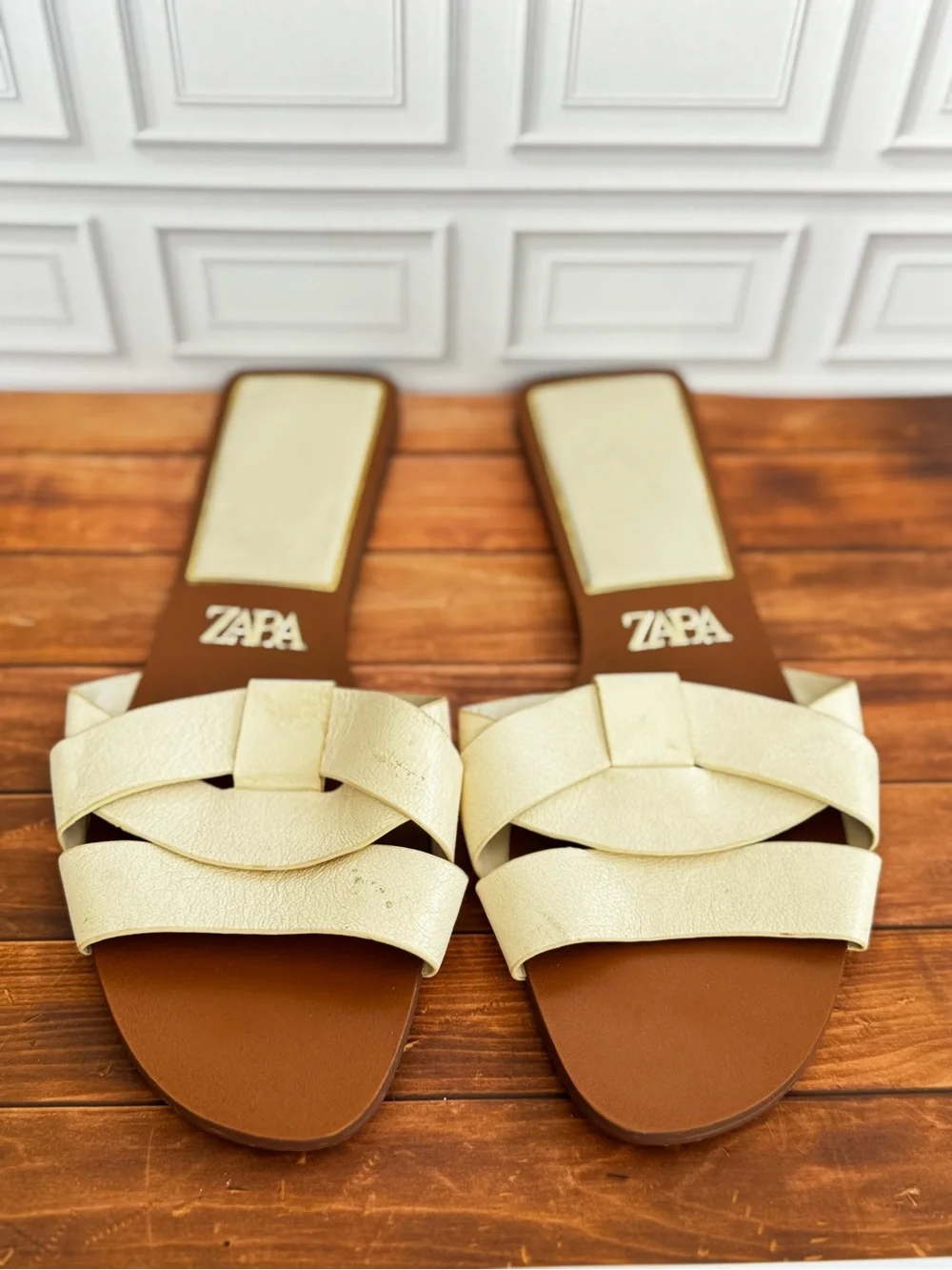 Zara leather Cream Braided Flat Slide Sandals - Picture 4 of 8